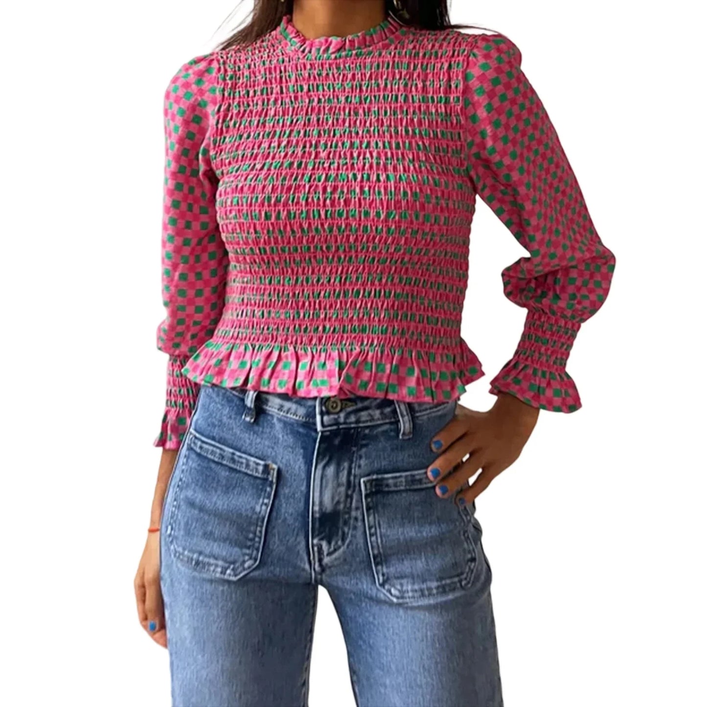Women Fashionable Casual Round Neck Smocked Bubble 3/4 Sleeve Tops Summer Fall Plaid Print Ruffled T-shirts