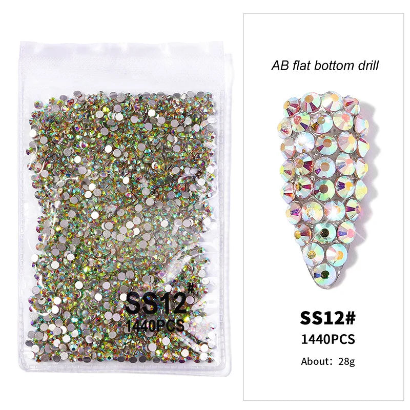 1440pcs Nail FlatBack Crystal Rhinestone Clear/AB Glass Strass (SS3-SS20)3D Nail Gem Stones Non-HotFix Nail Rhinestone 1.3-4.8mm