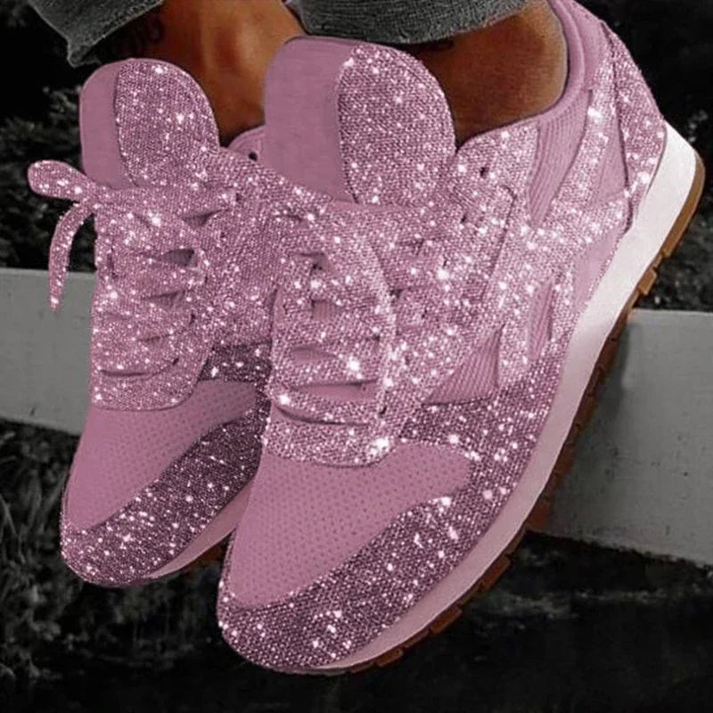 New Women Flat Sneakers Casual Bling Vulcanized Shoes Women Mesh Lace