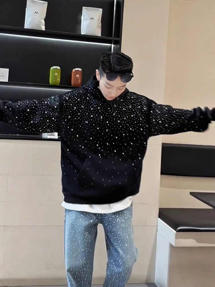 Heavy Duty Street Hoodie with Shoulder Pads and Sparkling Rhinestones