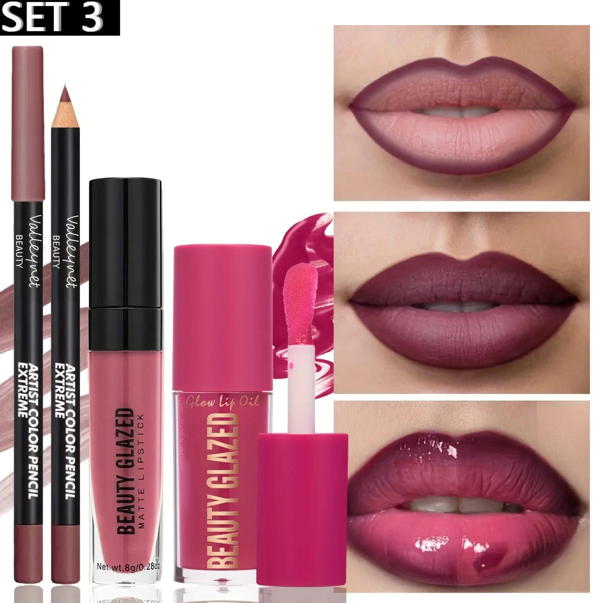 3pcs/Set Makeup Set,Matte Lip Liner+Natural Lip Glaze+Moisturizing Lip Oil,Long Lasting Waterproof & Sweat-Proof