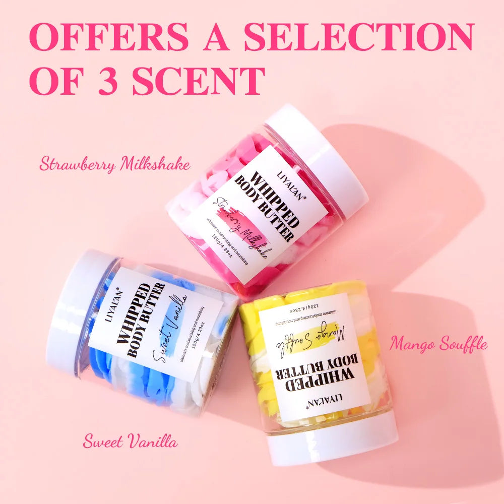 Soufflé Vegan Whipped Body Butter: Coconut Oil, Jojoba Oil, Nourishing Hydration Cream (Vegan Sweet Vanilla, Mango Soufflé Strawberry Milkshake)