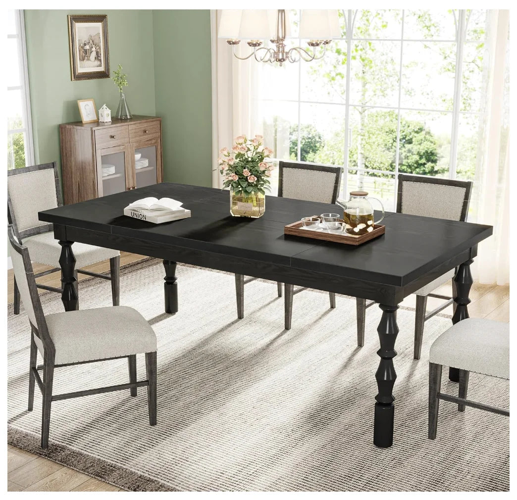 Wood Black Dining Table for 4-6 People, 62” Farmhouse Large Rectangle Kitchen Table, Modern Dinner Table Kitchen & Dining Room