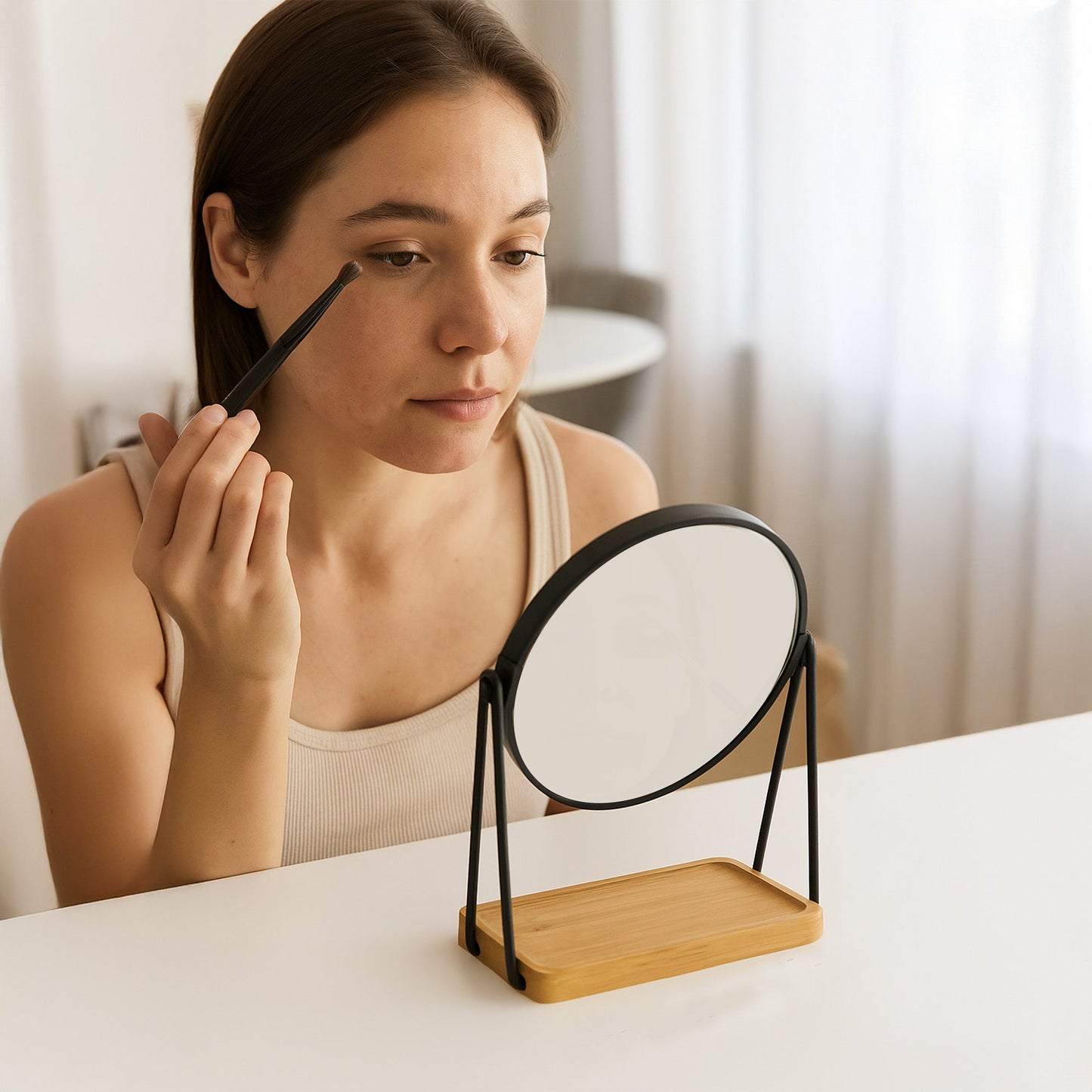 Dual Side Mirror With Bamboo Tray-3