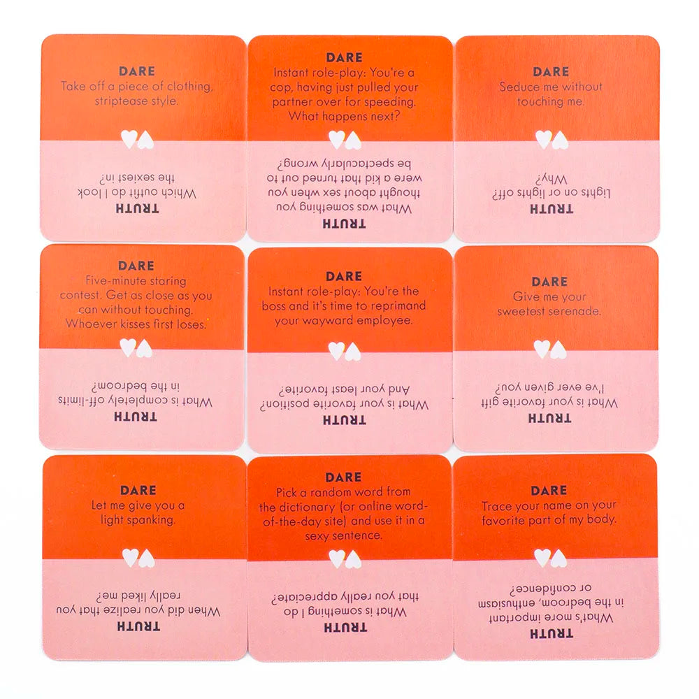 Set of dare and truth cards with various prompts on a white background