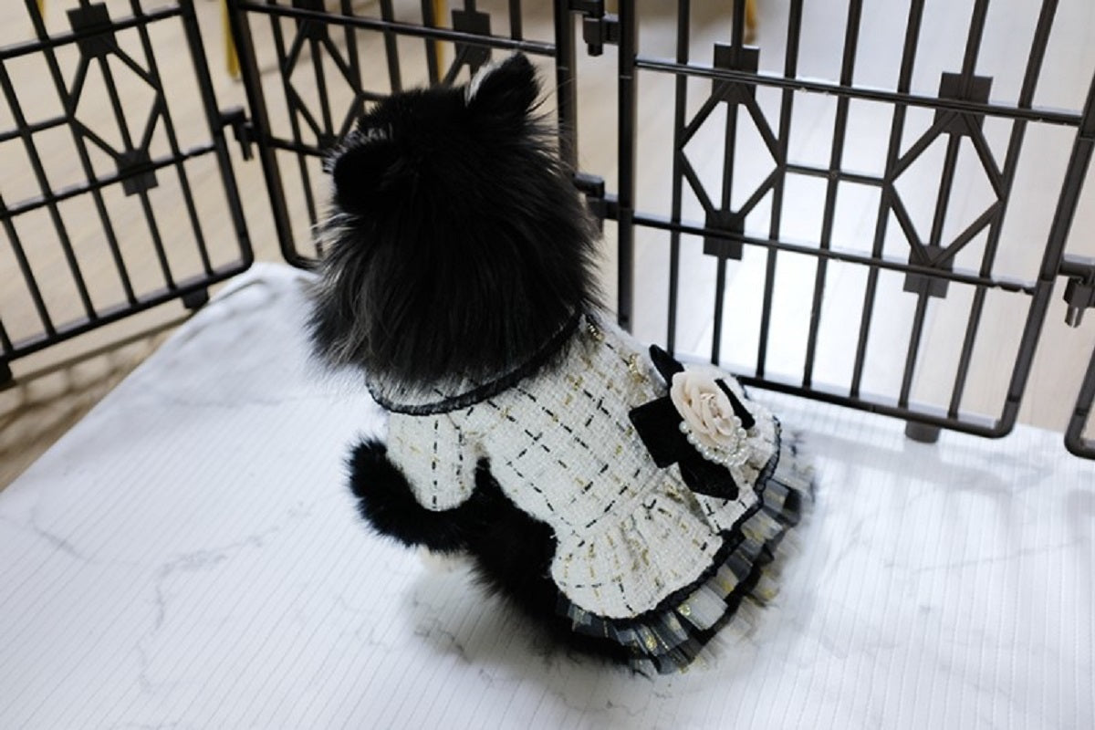 Handmade Luxury Tweed Dog Dress with Fur Trim | Designer Small Dog Coat Dress