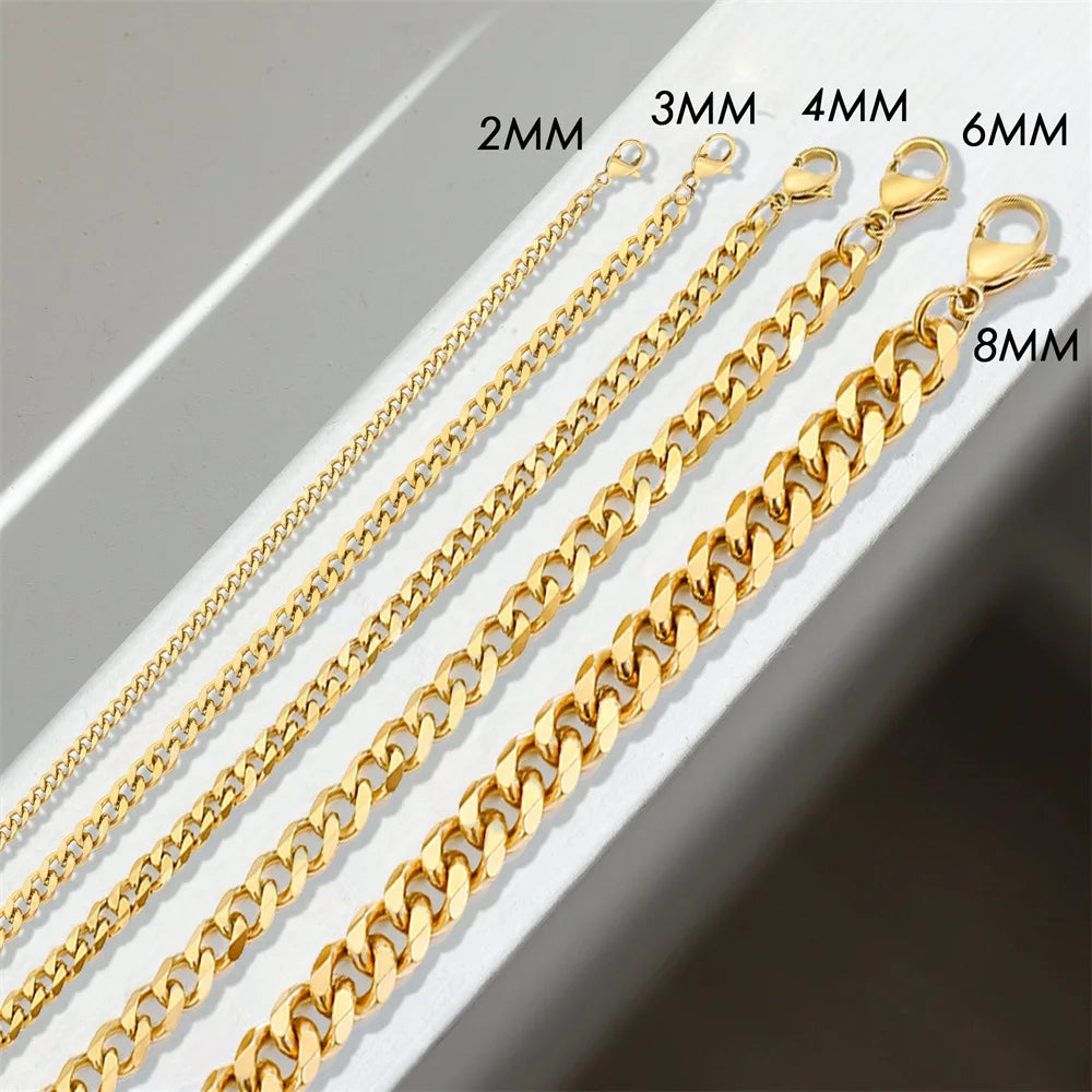 2/3/4/6/8mm Stainless Steel Necklace for Women Basic Punk Gold Color Choker Colar Cuban Link Chain Necklace Jewelry Wholesale