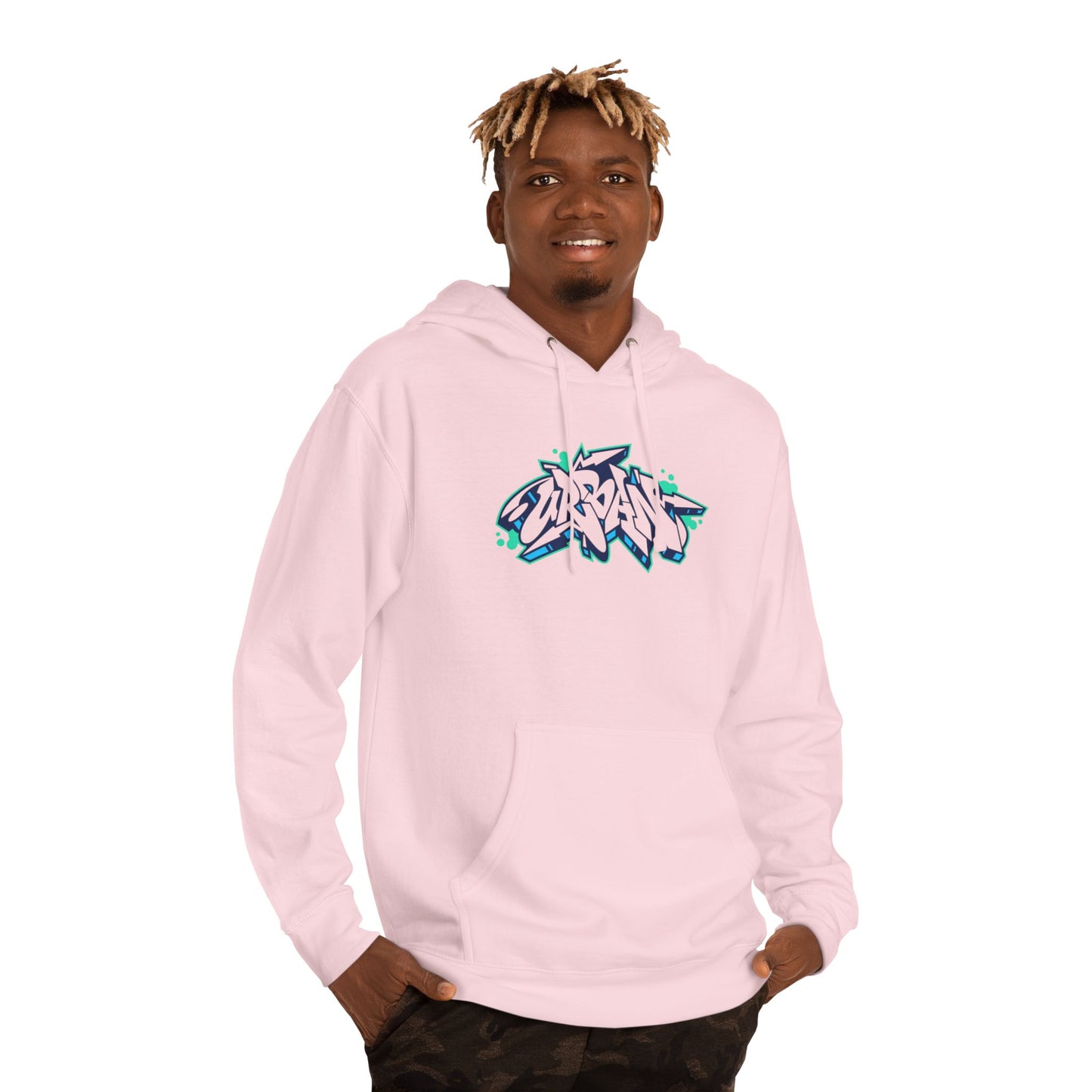 Person wearing a pink hoodie with a colorful logo on a white background