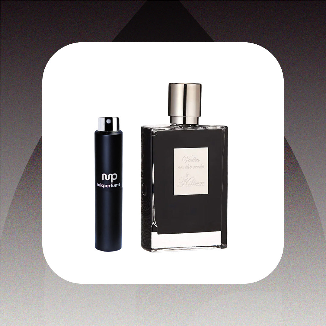 Two black perfume bottles with silver caps on a gradient background