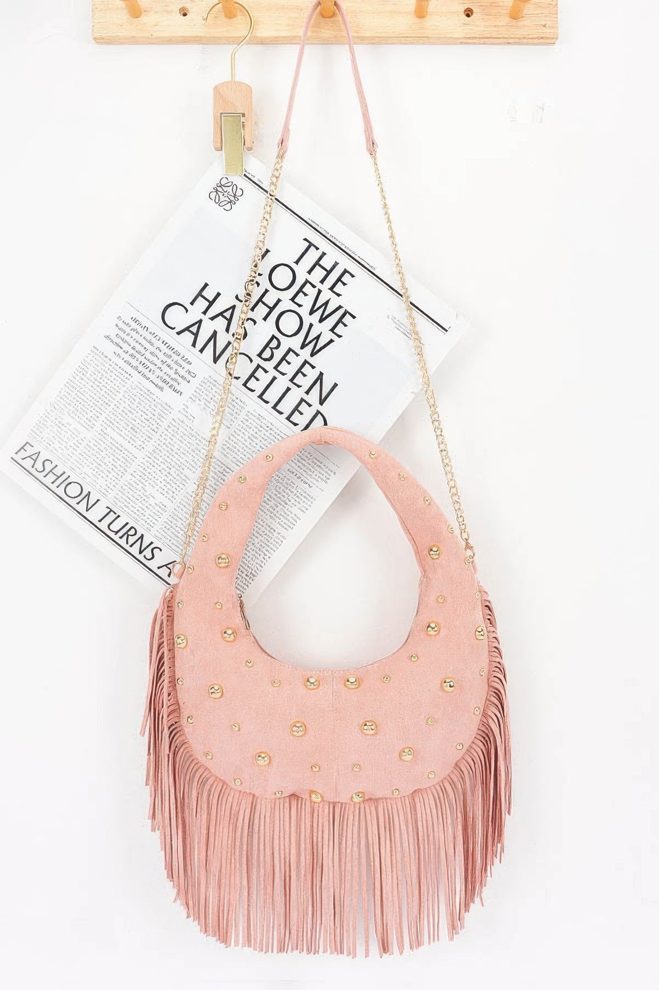 Faux Suede Metal Studded Fringe Hobo Bag