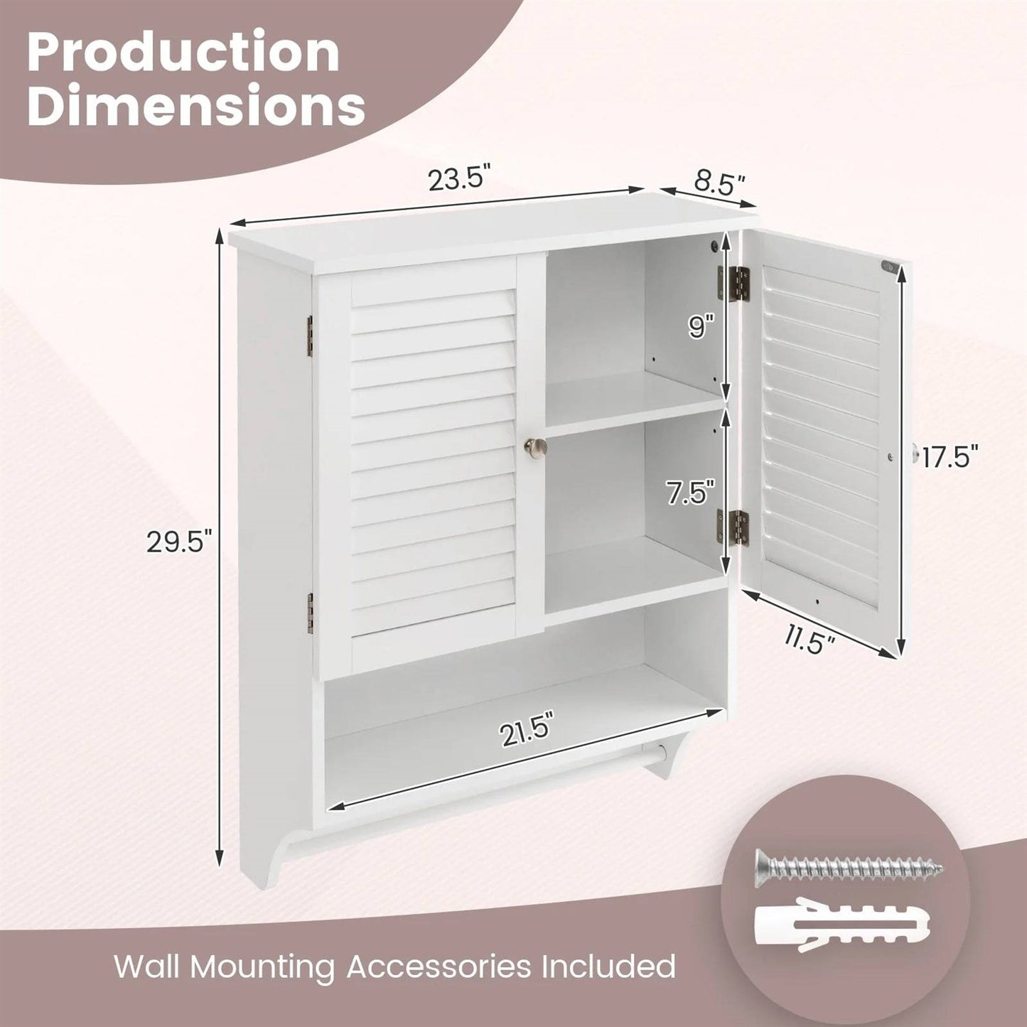 White Wall-Mounted Bathroom Storage Medicine Cabinet with Louver Doors-4