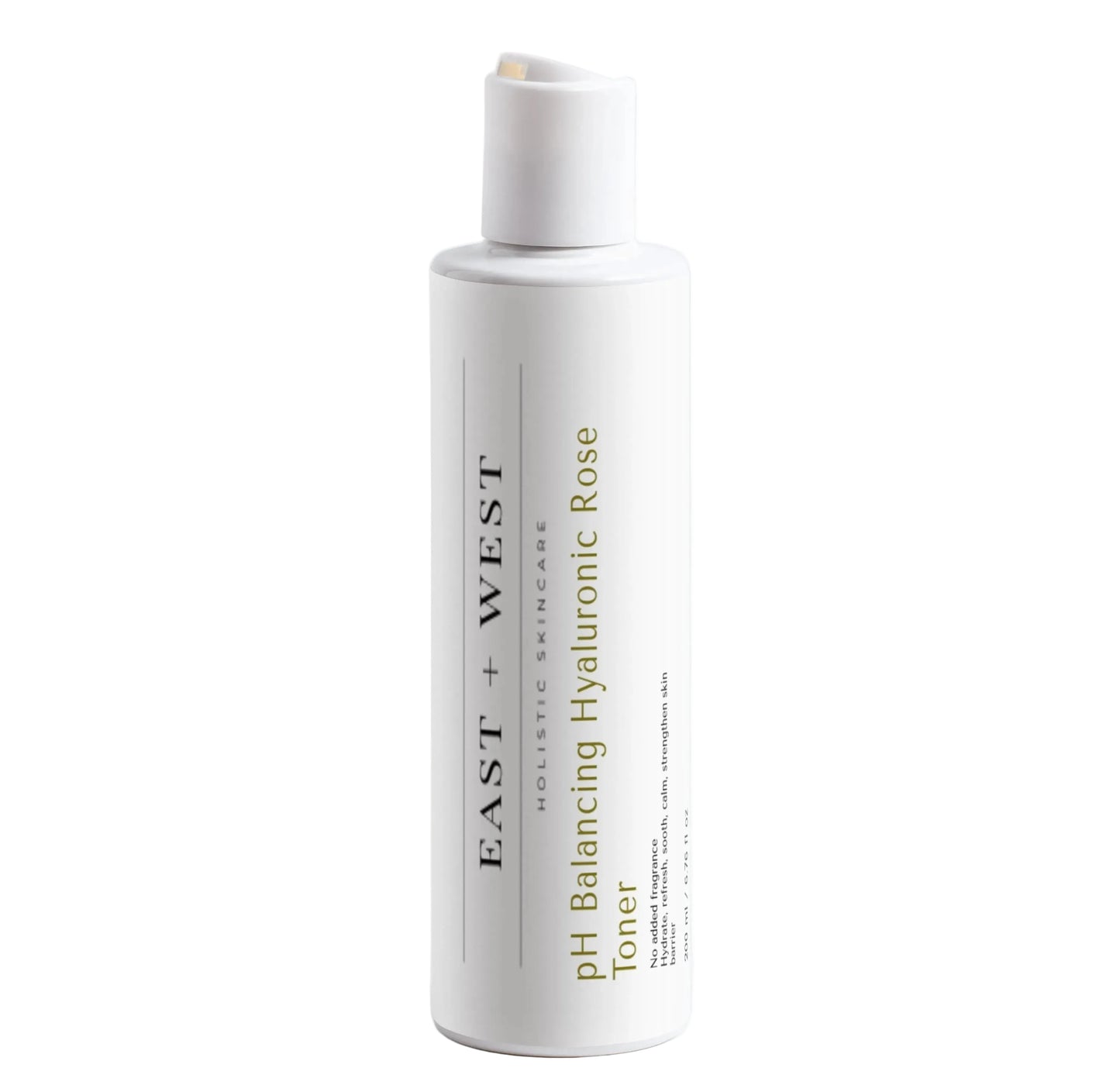 White bottle of East + West pH Balancing Hyaluronic Rose Toner on a white background