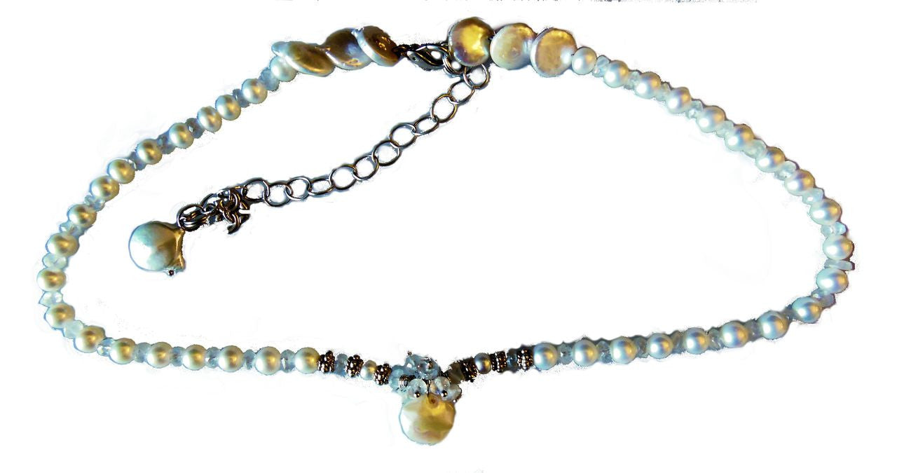 Coin pearl and moonstone snowflake cluster on round pearl necklace-2