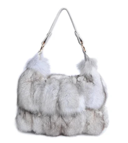 Women Winter Real Fox Fur & Sheepskin Handbag Luxury Genuine Fur Party Bag Tote Designer High Quality Real Silver Fox Fur Handbags Female in the color white fur and leather sheepskin