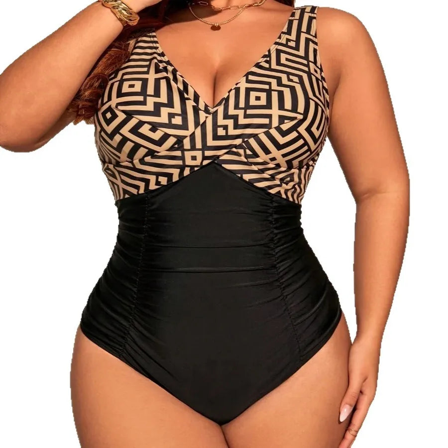 One-piece swimsuit with geometric patterned top and black bottom on a white background Women's Black Cross Print One-Piece Swimsuit – Halter Neck V-Front Swimwear ( L - 3XL Size )