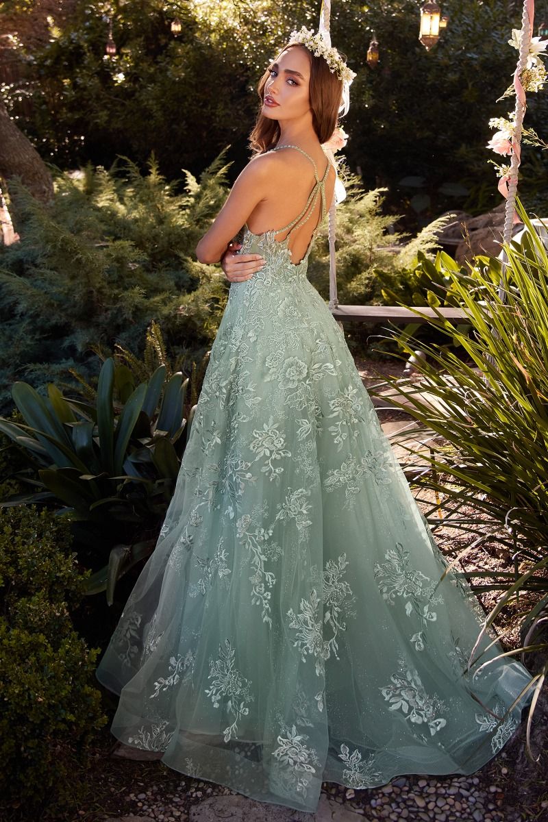 Sky Blue & Sage Green Embroidered Tulle Ball Gown | Floral A-Line Dress with Spaghetti Straps CDA1248