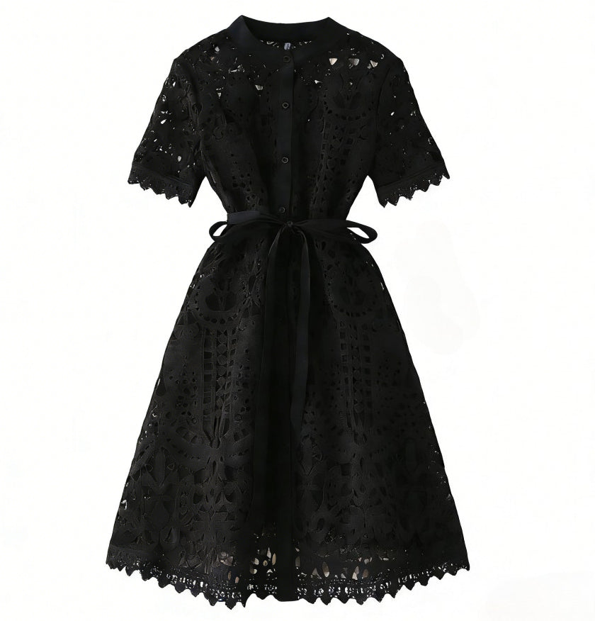 Hollow-Out Elegant Mandarin Collar Dress – Long Sleeve Lace Midi, Short Sleeve Button-Front Tie-Waist Gown