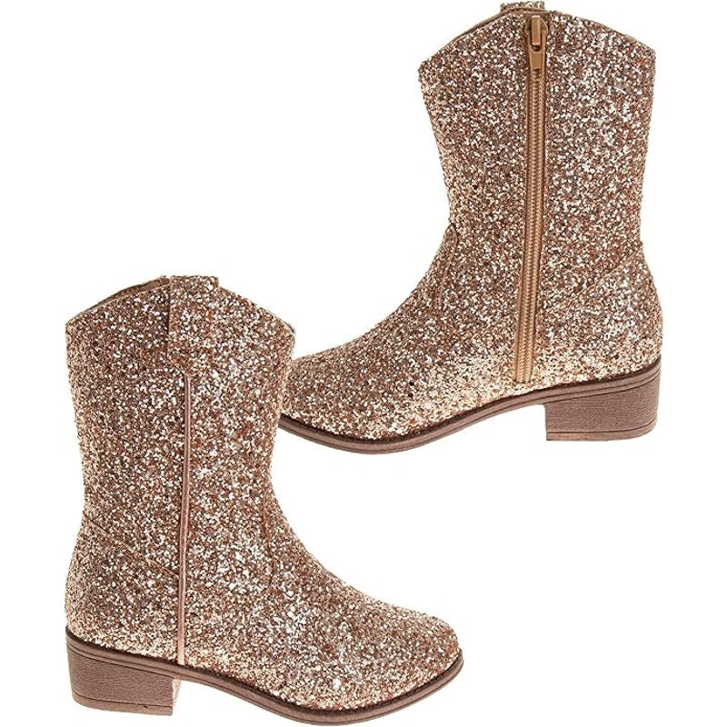 New Josmo Girls Size 2 Gold Glitter Low Heel Size Zip Cowboy Western Boots