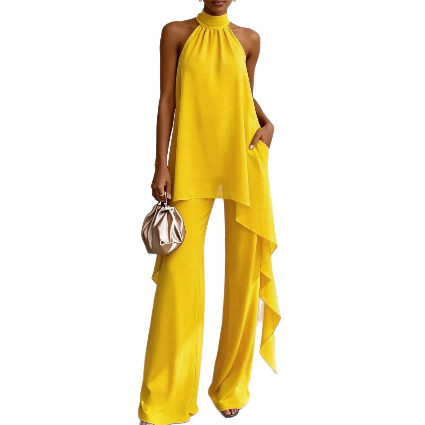 Womens Backless Sleeveless Irregular Top And Pants Two-Piece Set