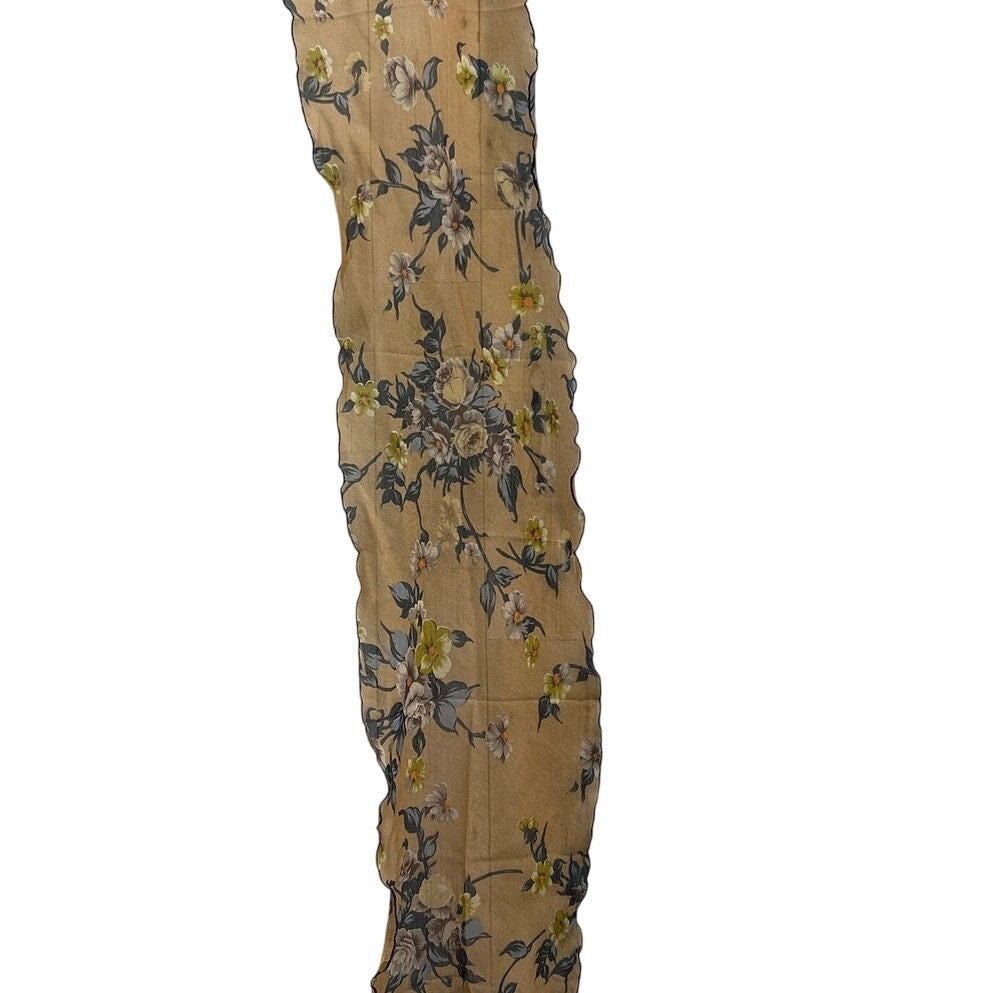 Vintage Long Rectangular Blue Yellow Floral on Brown Acetate Fashion Scarf