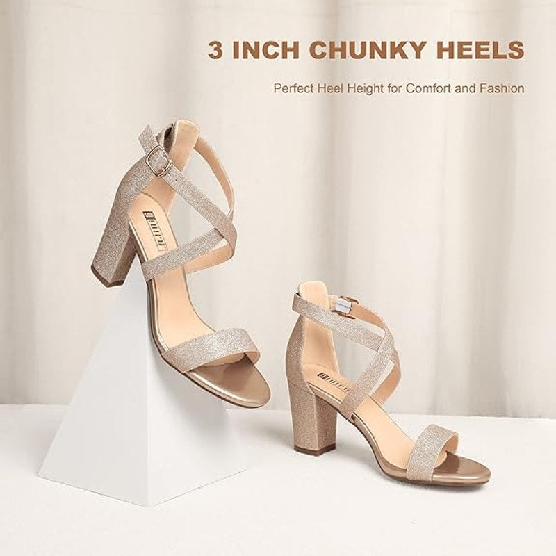 New Idifu Womens Size 9 Gold Glitter IN3 Grace 3" Block Heel Cross Strap Shoes
