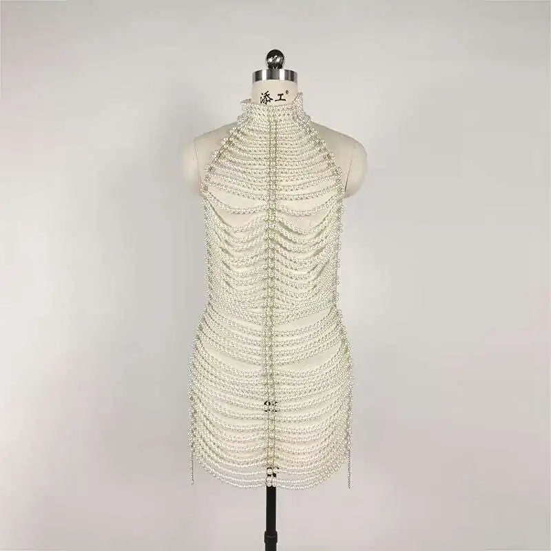 Beaded Halter Fashion Party Pearl Chain Dress