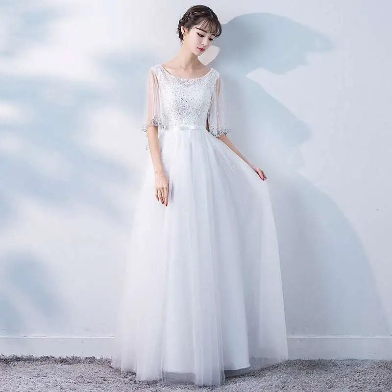 Beaded White Tulle Banquet Evening Dress