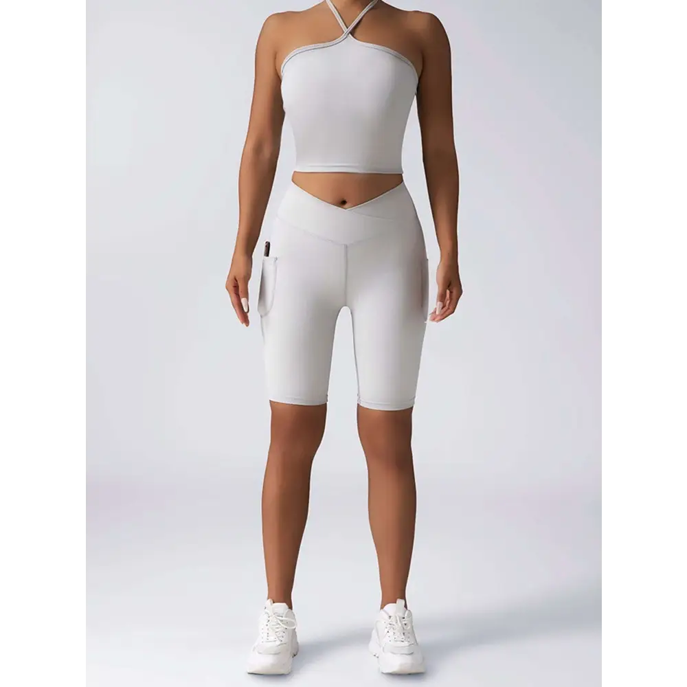 Beige Ribbed High Waist Workout Set