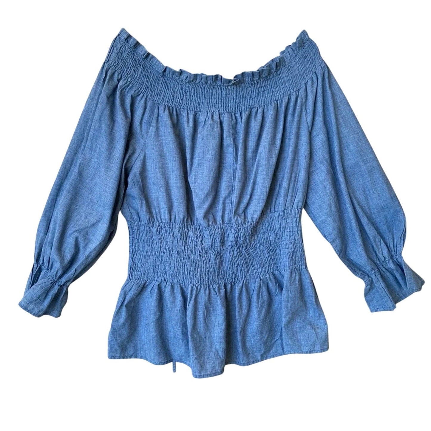Ashley Stewart Womens Size 16 Blue Off-Shoulder Long Sleeve Smocked Blouse