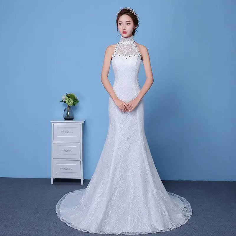 Big Red Wedding Dress Lace Mermaid High Neck