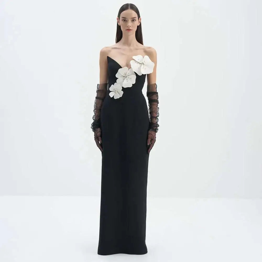 Black Backless Bandage White Floral Gown