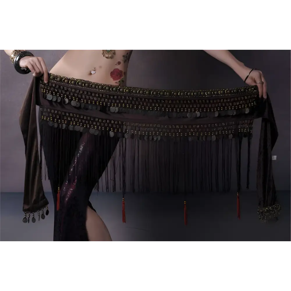 Black Beaded Belly Dance Waist Scarf with Tassels