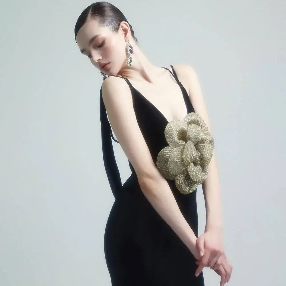 Black Camisole Backless Slim Fit Velvet Floral Gown