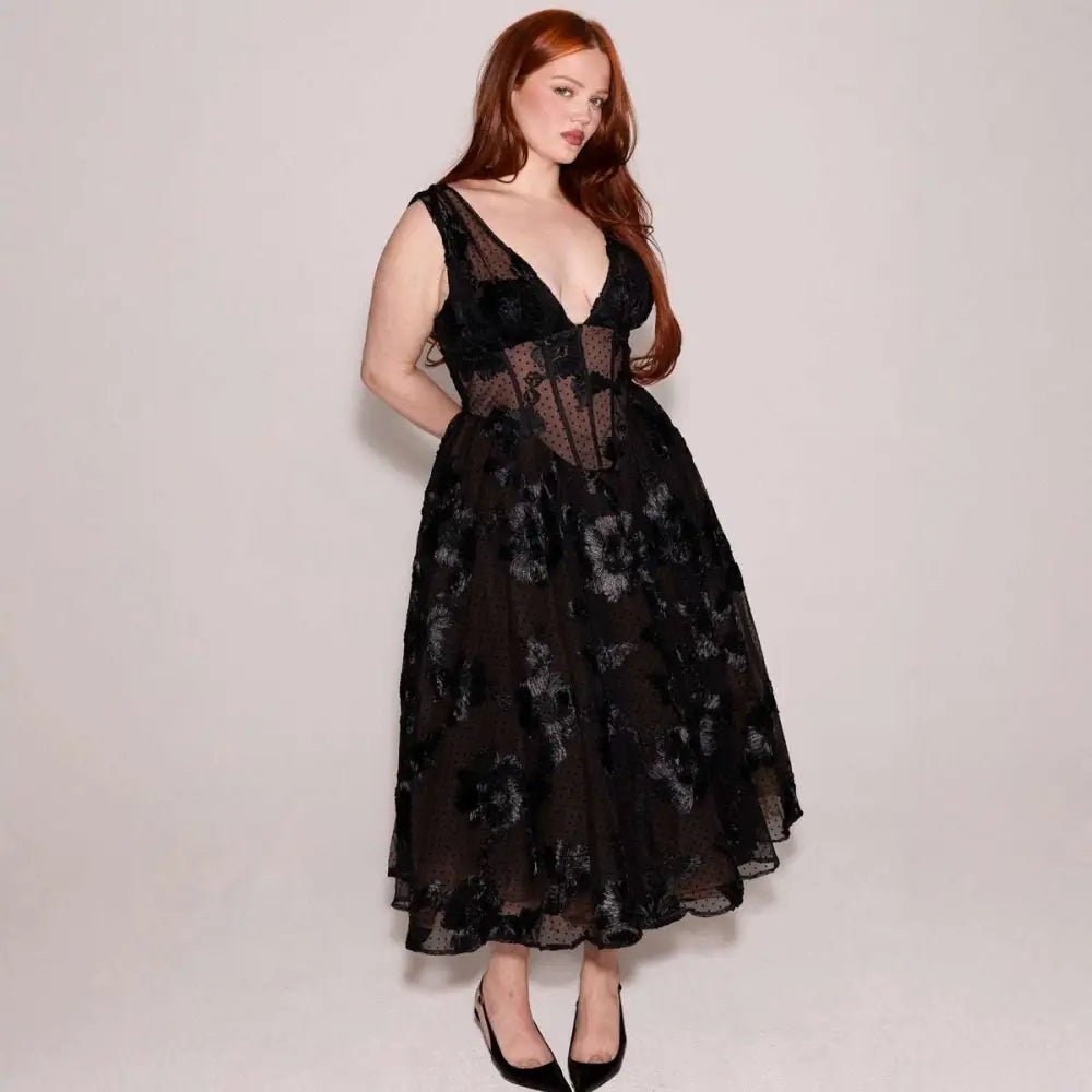 Black Deep V-neck Lace Mesh Evening Dress