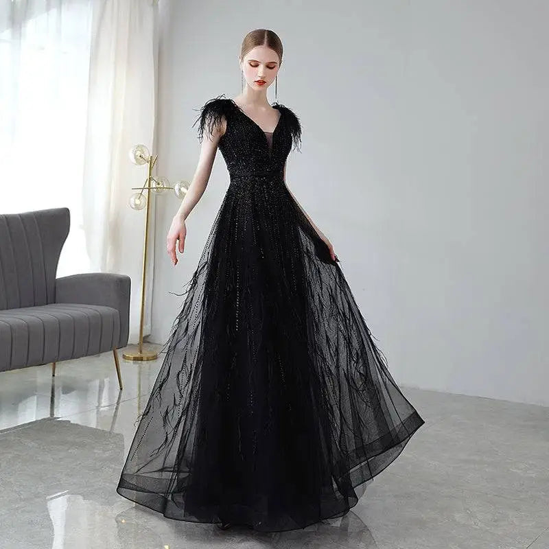 Black Double Shoulder Evening Dress with Sequins