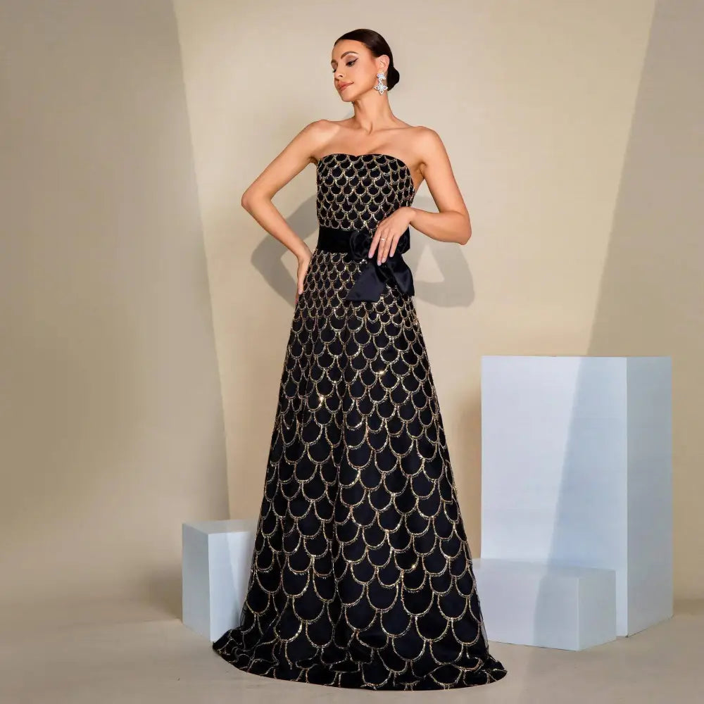Black Gold Large Swing Sequined Evening Dress