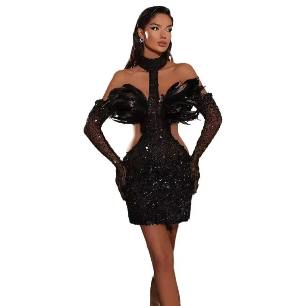 Black Halter Feather Sequins Short Mini Dress