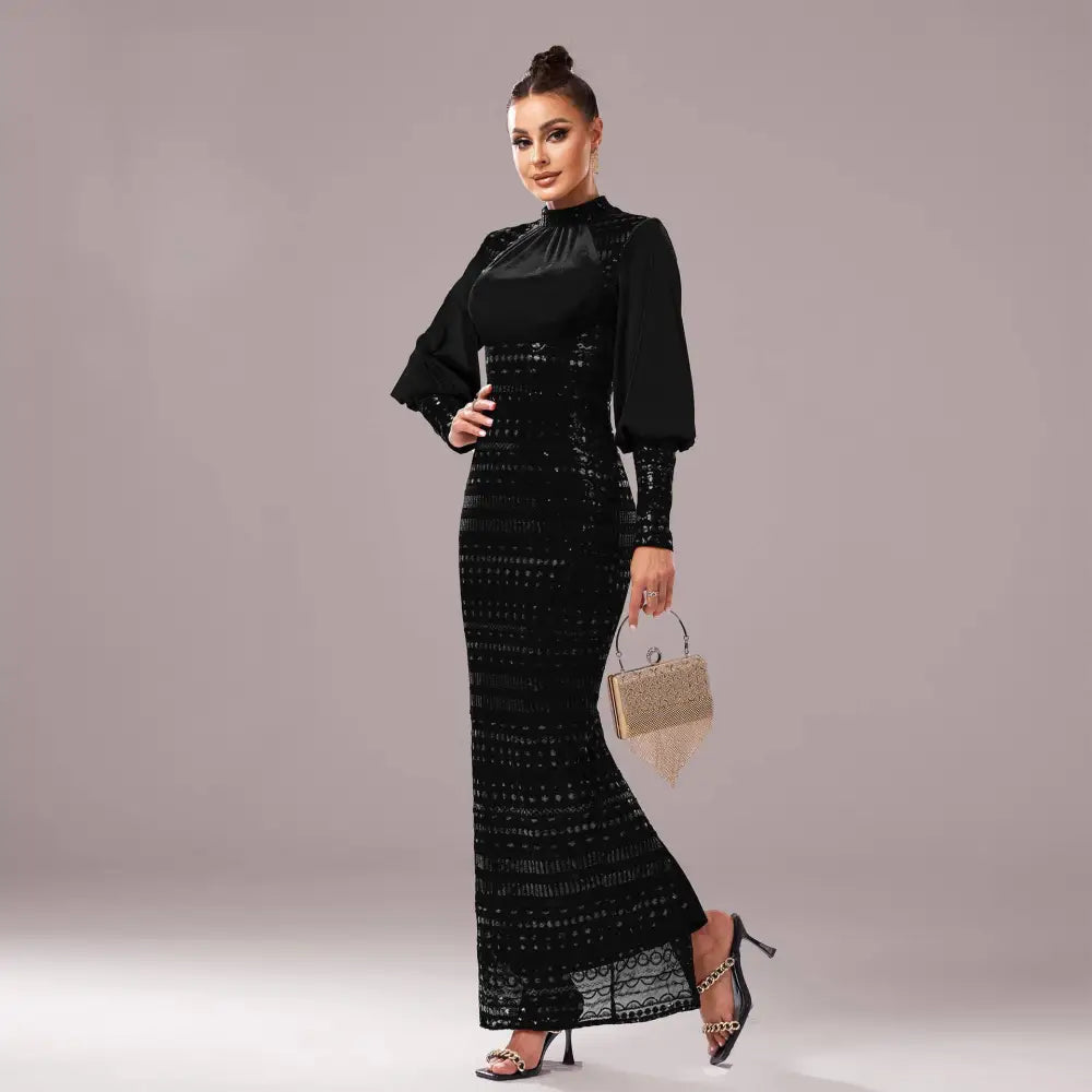 Black Lace Long Sleeve Round Neck Sequined Maxi Dress