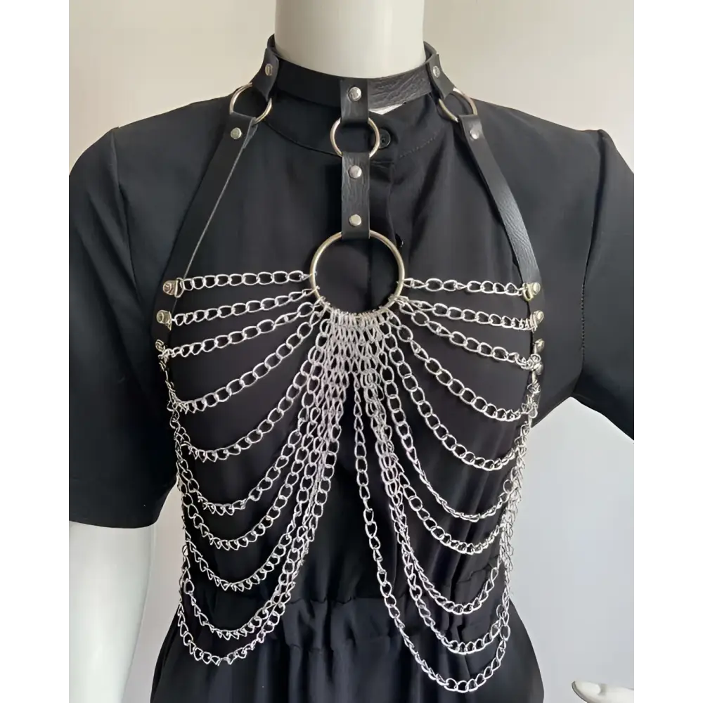 Black Leather Choker with Stitching Metal Chain