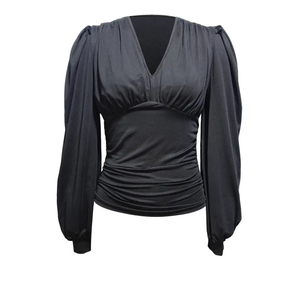 Black Low Head Lantern Sleeve Pleated V Neck Shirt