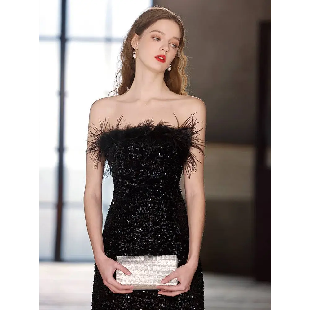 Black Sequined Feather Trim Banquet Evening Dress