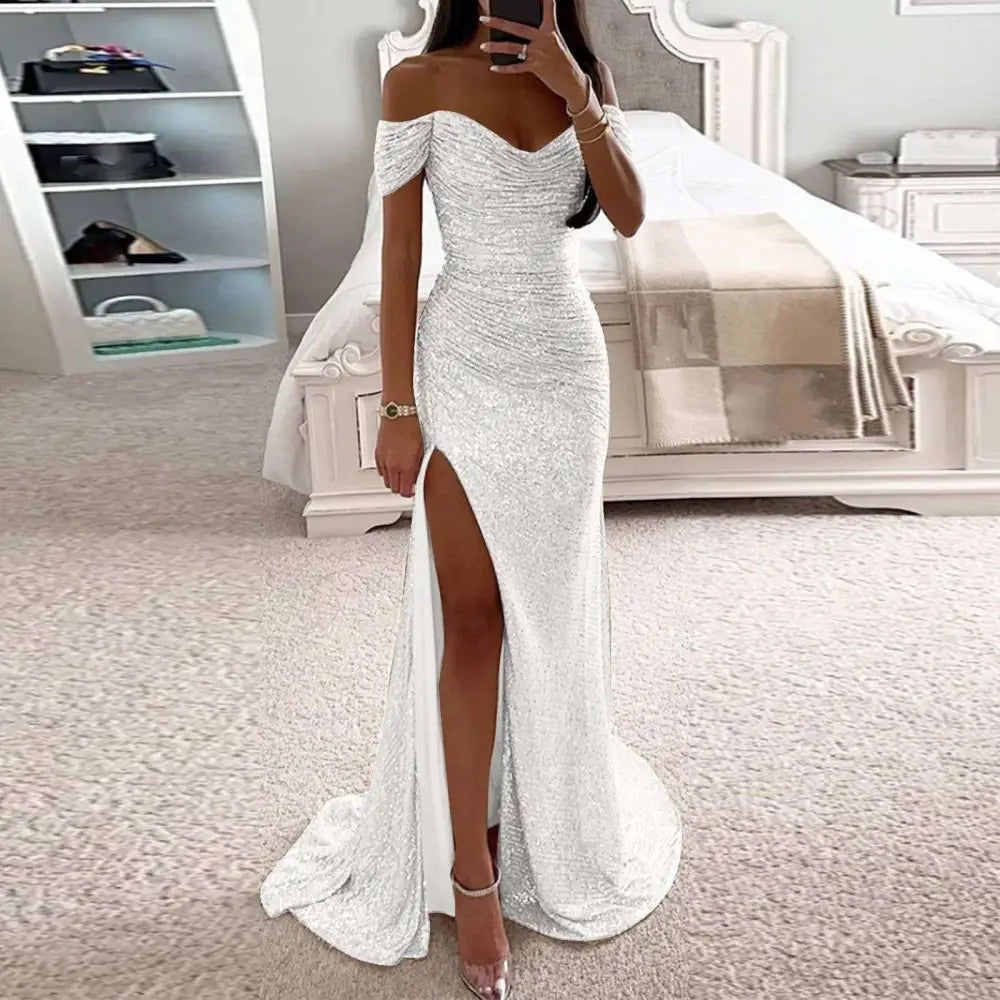 Black Sequined Female Creative Solid Color Slit Gown