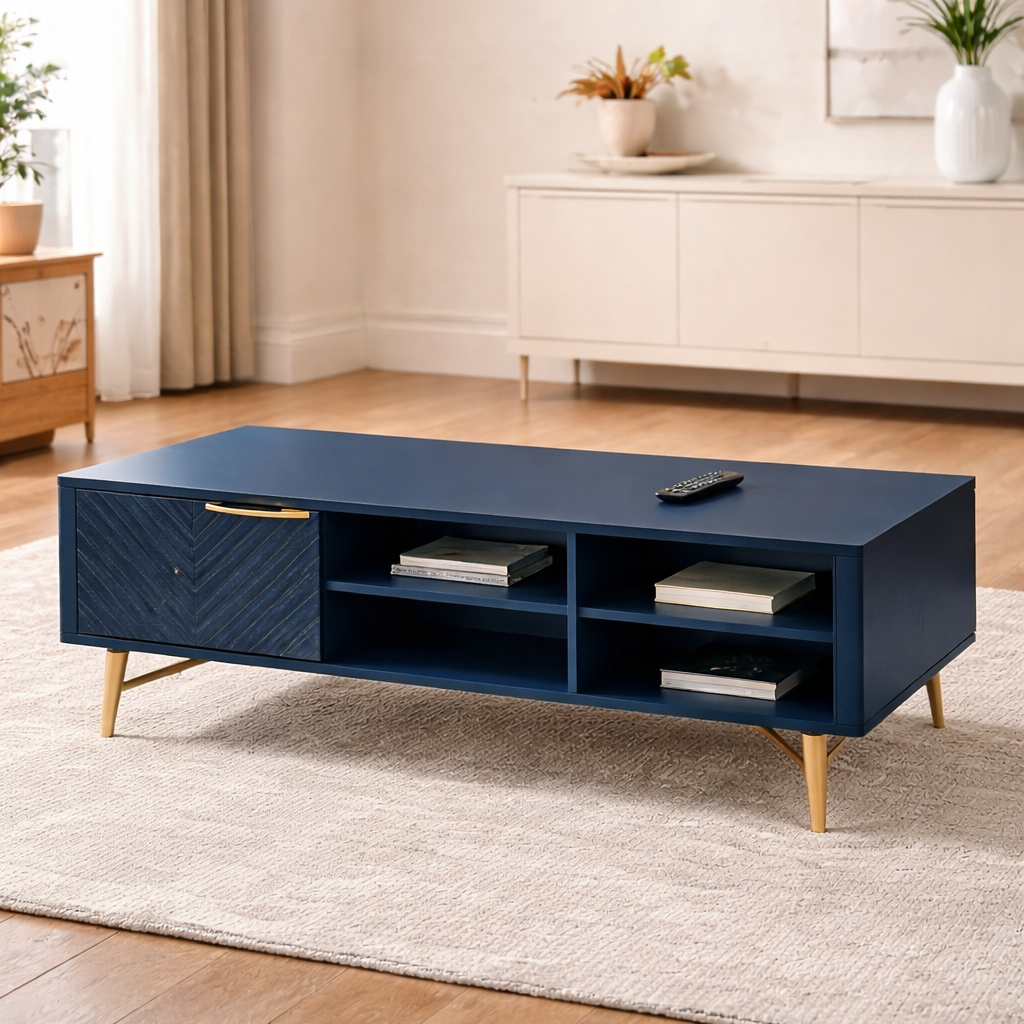 84" L-Shaped Chenille Sectional Sofa with Ottoman and Storage Coffee Table Set Dark Blue-4