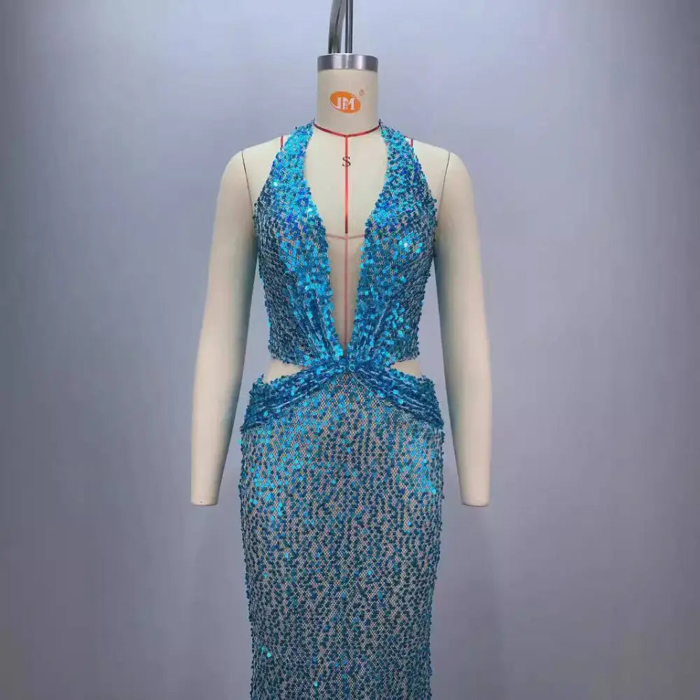 Blue Sequined Slimming Party Stage Host Mermaid Gown