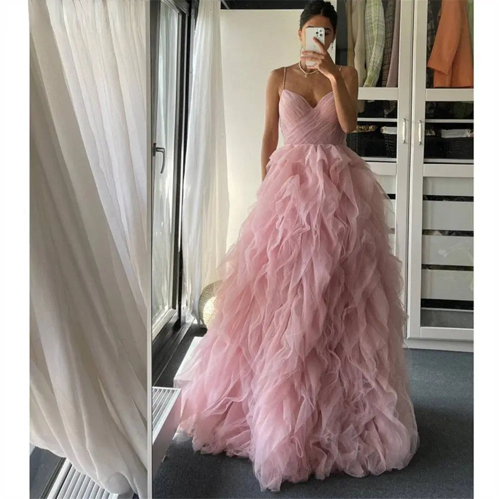Blush Pink Mesh Long Dress Evening Gown Prom