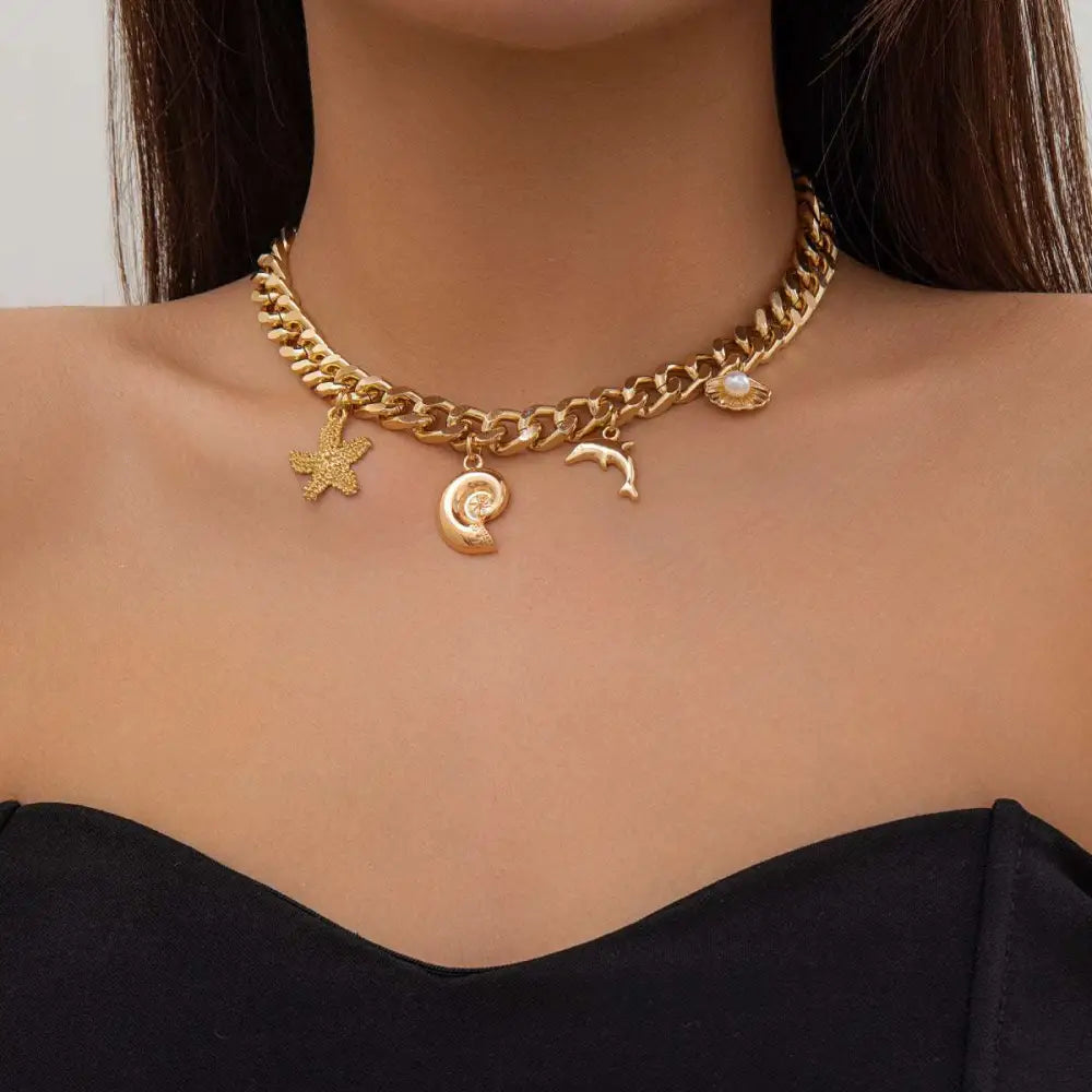 Boho Conch Dolphin Starfish Choker Necklace Bracelet Set