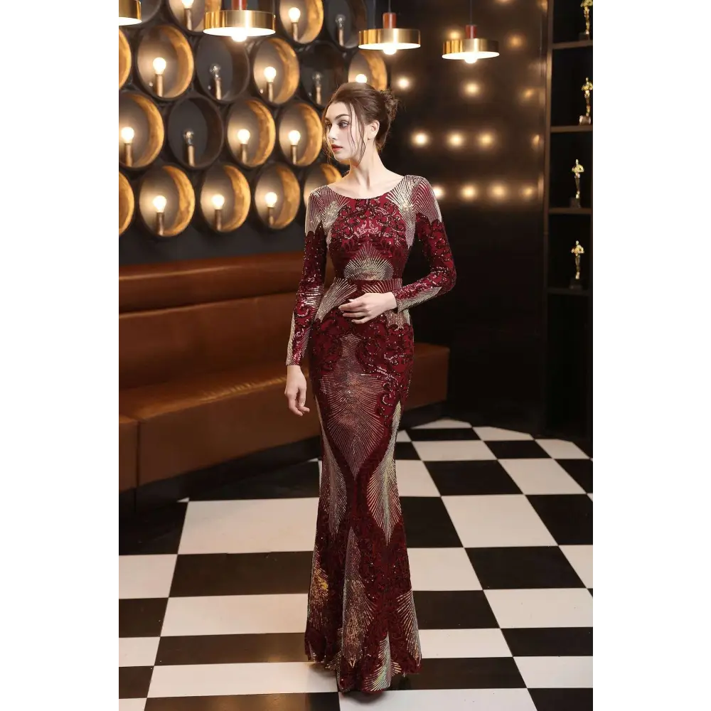 Burgundy Gold Mopping Long Sequin Dress