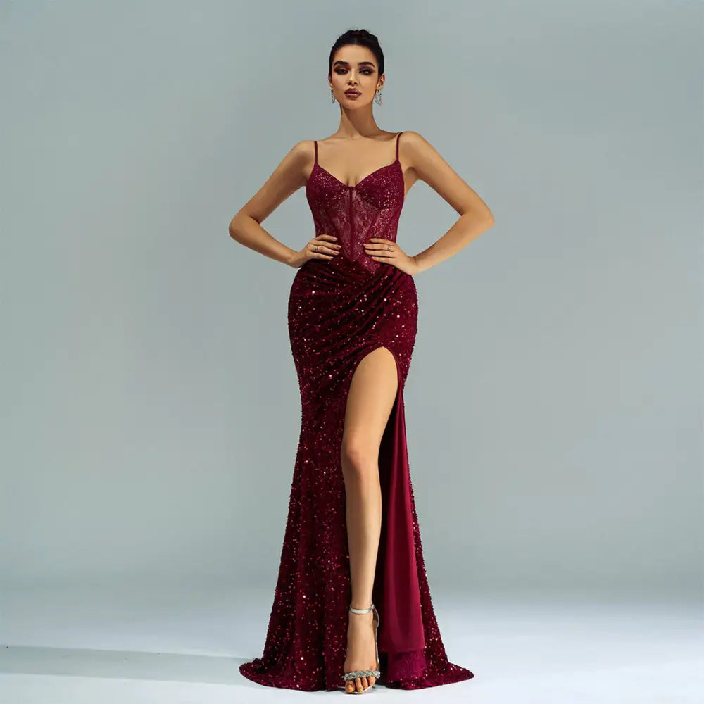 Burgundy Sleeveless Sequined High Slit Evening Dress