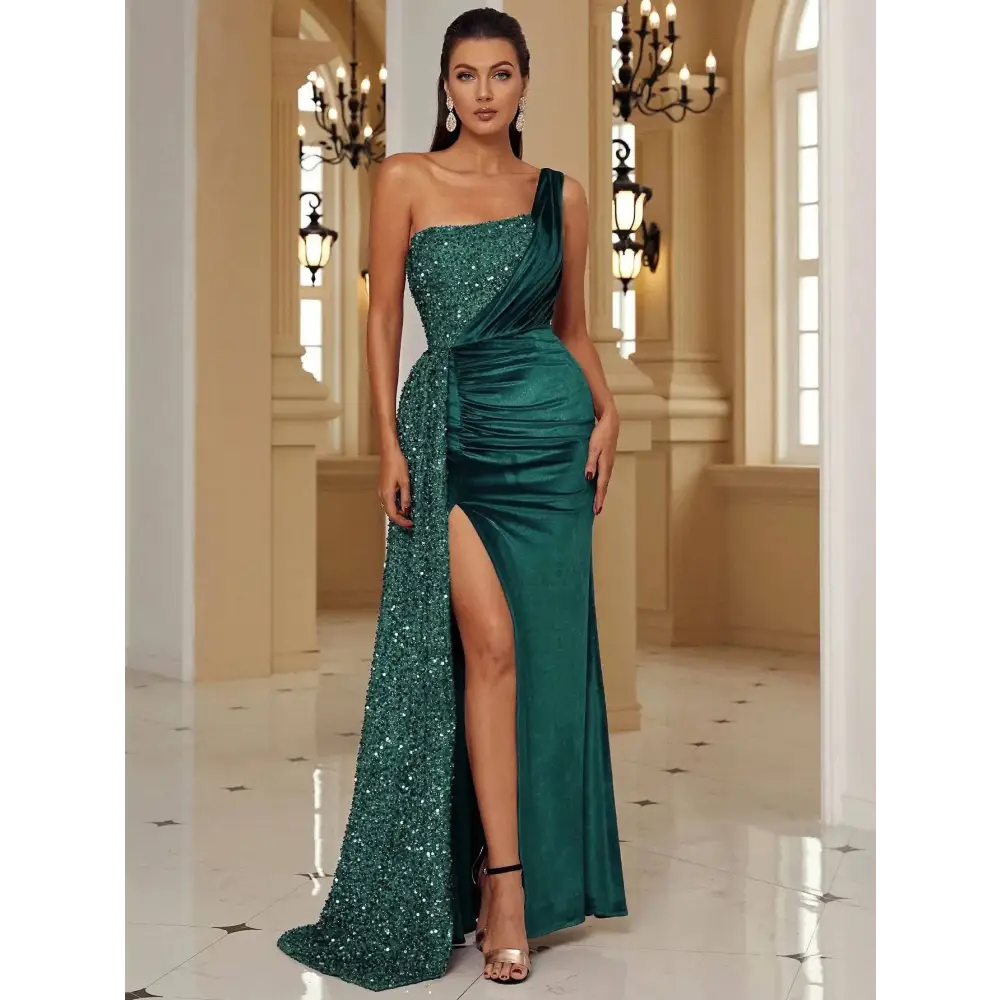 Burgundy Velvet Sequin Host Single Strapless Evening Dress