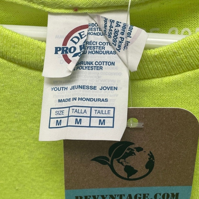 Hand Printed Upcycled Youth Medium Here Comes Chaos Neon Yellow Tee Shirt
